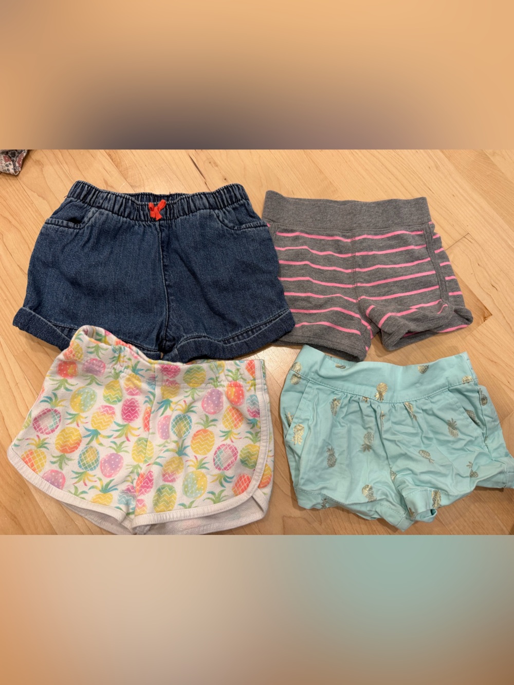 Girls 4-Pack Shorts Set - Denim, Gray Stripe, Pineapple Print, Mint